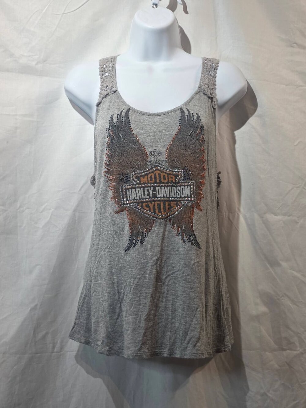 Harley-Davidson Women's Gray Rhinestone Winged Tank Top with Crochet Lace Back -